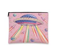 Cosmetic Travel Bag, Pink Surf Retro Festival Organizer, Portable Small Canvas Zipper Pouch for Women, Seasonal Gala Skincare Toiletry Bag, pink, 7x9 Inch, Ufo