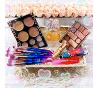 Cosmetics Pamper Basket Gift Set - Fragrance, Cream Foundation Concealer Palette, Eyeshadow Platte, Makeup Brush Set, Liquid Highlighter, Fragranced Hand Cream and Lip Oil