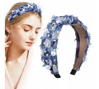 COSMEVIVI Denim Wide Headband for Women Rhinestone Headband Pearl Embellished Knotted Hair Band Women Hair Accessories