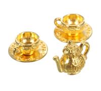 COSMEVIVI Mini Metal Teapot Ornament Set, Vintage Miniature Tea Kettle and Decorative Teacup for Dollhouse and Tearoom Scene Layout, Gold 3pcs Kitchen Prop