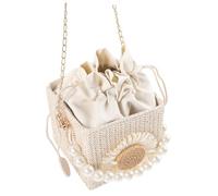 COSMEVIVI Woven Straw Beach Bag for Women Small Drawstring Purse with Pearl Chain Chic Crossbody Handbag for Parties Dating Daily Use Versatile Straw Clutch for Summer Fashion