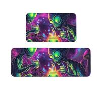 Cosmic Alien Neon Rug Cushioned Kitchen Rugs Sets Of 2 Comfort Standing Mat For Home Decor Sink,Kitchen Mats For Floor Non Slip Washable ，Laundr 17"X47"+17"X30"