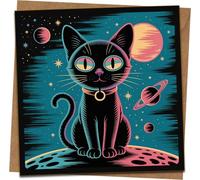 Cosmic Black Cat Greeting Card, Space Galaxy Illustration, Cute Birthday/Any Occasion, Blank Inside, 145mm x 145mm, Includes Kraft Envelope, Retro Neon Kitty Planets Design