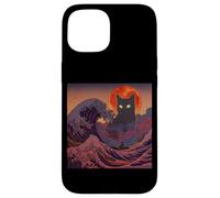 Cosmic Black Cat Over Red Moon And Storm Wave Case for iPhone 15