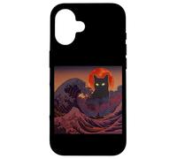 Cosmic Black Cat Over Red Moon And Storm Wave Case for iPhone 16