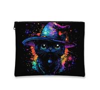 Cosmic Cat Makeup Bag, Fanciful Cat Cosmetic Travel Pouch for Women, Portable Canvas Zipper Organizer, Halloween Skincare Toiletry Bag 7x9 Inch