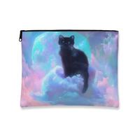 Cosmic Cat Makeup Bag, Fantasy Cloud Print Cosmetic Travel Pouch for Women, Portable Small Zipper Organizer, Ideal for Everyday Use, Black, 7x9 Inch, Cat