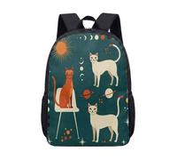 Cosmic Cat Space Backpack 17 Inch Galaxy Print School Rucksack Cartoon Orange White Kitten Planets Rocket Stars Kids Travel Bag (02)