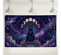 Cosmic Cat Wall Backdrop, Mystical Starry Night Decor, Celestial Astrology Photography Background for Events, Halloween Party Supplies 71x43 Inch
