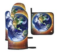 Cosmic Earth Oven mittens and oven mitts three-piece set suitable for oven, grilling, baking, microwave and home cooking.