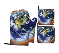 Cosmic Earth Oven Mitts and Pot Holders Set, Heatproof Kitchen Gloves Pot Holders, 4-Piece Set for Baking, Grilling, Cooking,Microwave Use