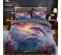 Cosmic Elements Duvet Cover Set Starry sky dolphin star 3 Pcs Bedding Set with Quilt Cover 230x220 cm and 2 Pillowcases, Brushed Microfibre Ultra Soft Anti-Allergic Easy Care
