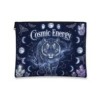Cosmic Energy Makeup Bag, Mystical Tiger and Moon Pattern Travel Pouch for Women, Portable Canvas Zipper Organizer, Ideal for Skincare Essentials, Navy, 7x9 Inch, Cosmetic