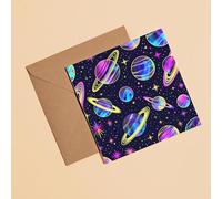 Cosmic Galaxy Greeting Card, Neon Space Design with Planets and Stars, Navy Blue and Pink, Multi-Color Holographic