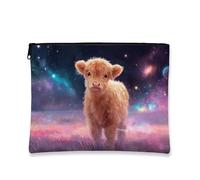 Cosmic Highland Cow Makeup Bag, Galaxy Starry Vintage Canvas Cosmetic Travel Pouch for Women, Portable Small Zipper Skincare Toiletry Bag Organizer, Festival Gift, Galaxy, 7x9 Inch, Highland Cow