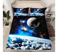 Cosmic Landscape Fitted Sheet King Size 3 Pcs,3D Universe Planet Clouds Bedding Set for Kids Teens Adults,Dreamy Starry Galaxy Print Bed Sheet with 2 Pillowcases(No Top Sheet)