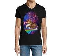 Cosmic Laser Cat Rainbow Bridge Men's Cotton V-Neck T-Shirt Black X-Large