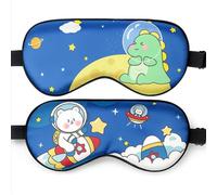 Cosmic Navy Blue Sleep Mask with Cute Cartoon Bear & Dinosaur Pattern - Adjustable Black Elastic Strap Eye Mask for Light Blocking, Relaxation, Travel, Naptime, School or Airplane Use