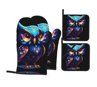 Cosmic Owl Baking Gloves Pot mats, Barbecue Party Cooking 500â„‰ high Temperature Resistant Oven Gloves Pot lid mats 4 Pieces Set,