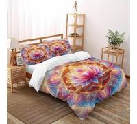 Cosmic Pink Lotus Bedding Set Super King（260x220cm）, Indian Culture Quilt Set, Kids Adults Bedroom Decor, Flower 3D Print Bed Sets 3 Pieces,Decor Bedroom Collection