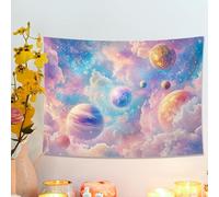 Cosmic Planets Tapestry, Pastel Blue Peach Wall Hanging for Bedroom, Living Room, Dorm, Celestial Decorative Art 48x36 Inch