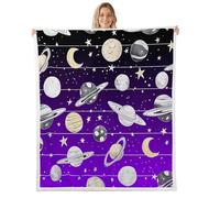 Cosmic Planets Throw Blanket Cartoon Sketch Planet Decorative Fuzzy Blanket for Kids Boys Girls Teens Dreamy Stars Black Purple Print Fleece Blanket for Bedroom Sofa Twin 60x80