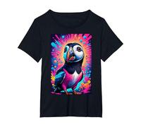 Cosmic Puffin Odyssey Psychedelic Icelandic Bird Trippy T-Shirt, Women's Plus, Black, 3X