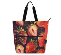 Cosmic Red Strawberry Kids Tote Bag Piano Book Bag for Kids Students Adults, Gothic Sturdy Handbags Grocery Bag with Zipper for College Shopping Beach Rainbow school supplies