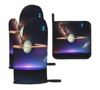 Cosmic Saturn Oven mittens and pot rack 3-piece set, kitchen oven mittens, suitable for cooking, outdoor grilling, etc.