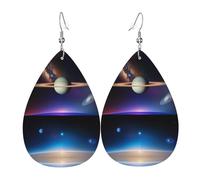 Cosmic Saturn Women's Teardrop Leather Earrings, Hook 925 Silver Plated, Holiday Accessories