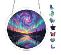 Cosmic Sky Pine River Aurora Scene 7.8x7.8Inch Round Acrylic Hanging Puzzle | Creative Home Accent with Visual Appeal