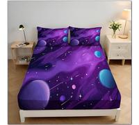 Cosmic Stars Double Fitted Sheet, Dream Space Bed Cover Home Room Decorative, 12 Inch (30 Cm) Deep Soft Microfiber Elastic Fitted Bed Sheets 135x190x30cm, Deep Purple