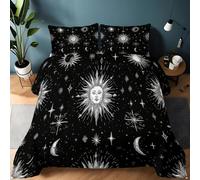 Cosmic Stars Moon Stripes Coverless Duvet Set Black White with 2 Pillowcases, Reversible Double Duvet All Seasons Comfy Bedding Set, Lightweight Warm Hypoallergenic Quilt 200 x 200 cm