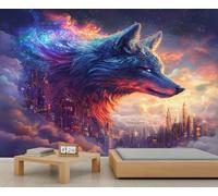 Cosmic Wolf Murals Fantasy Wolf Wallpaper Watercolor Cartoon Animal Mural Space City Landscape Wall Murals Contemporary Sci - Fi Style Mural for Bedroom Living Room 100 x 70 cm