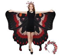 cosmisun Double-Sided Printing Butterfly Wings Shawl Costume and Multicolor Headband Set for Women Black Red Yellow Fairy Butterfly Wings Cape for Adult Photo Prop Gift for Halloween 69x57inch