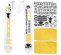 cosmisun Graduation Stole Class of 2026-9 Pcs Graduation Decoration 2026 with Iron on A to Z Letter 0 to 9 Number Patches, Unsex Grad Sash Decor Supplies for High School College (Black Gold)