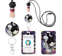 Cosmisun Halloween Lanyards for Id Badges - Skeleton Reading ID Badge Holder with Lanyard Gothic Skull Badge Reel Retractable Lanyard with ID Holder Keychain Clip for Nurse Doctor Teacher Student Gift