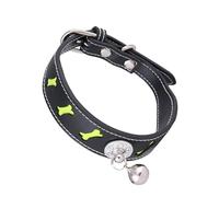 COSMOBETTY Bone Shape Pet Collar with Bell, Adjustable Pu Leather Reflective Cat Collar, Black, for Pet Cat Dog