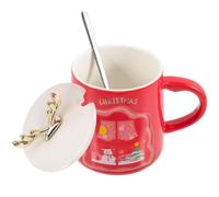 COSMOBETTY Christmas Ceramic Coffee Mug with Lid and Spoon 380ml Red Ceramic Cup for Featuring Adorable Deer Antlers Design for Holiday Tea Coffee Milk Hot Chocolate