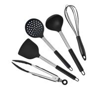 COSMOBETTY Silicone Kitchen Utensil Set Practical Kitchenware with Spatula 5pcs Colander, Ladle, Food Clip and Egg Whisk, Nonstick Cooking Supplies in Black for Home and Restaurant Use