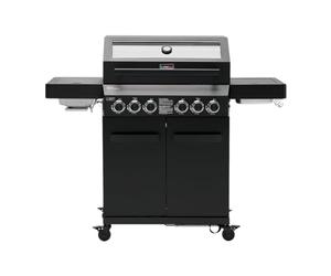 CosmoGrill 6 Burner Platinum Yamara Dark 4+2 Gas BBQ, Viewing Glass, 4 Main Burners, 1 Ceramic Sear Zone, 1 Back Grill, Cast Iron Grills & Bamboo Storage (Black)