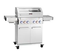 CosmoGrill 6 Burner Stainless Steel Yamara 4+2 Gas BBQ with Waterproof Cover, Viewing Glass, 4 Main Burners, 1 Ceramic Sear Zone, 1 Back Grill, Cast Iron Grills & Bamboo Storage (Silver with Cover)