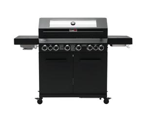 CosmoGrill 8 Burner Platinum Yamara Dark 6+2 Gas BBQ, Viewing Glass, 4 Main Burners, 1 Ceramic Sear Burner, 1 Back Burner, Cast Iron Grills & Bamboo Storage (Black with Cover)