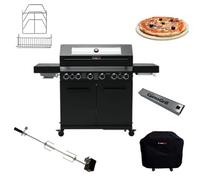 Cosmogrill 8 Burner Platinum Yamara Dark 6+2 Gas Bbq, Viewing Glass With Cover, Rotisserie, Storage Set, Pizza Stone & Smoker Box
