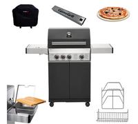 Cosmogrill Premium Black 3+1 Gas Barbecue With Cover, Bamboo Cutting Board, Pizza Stone, Smoker Box & Steel Storage Set