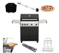 Cosmogrill Premium Black 4+1 Gas Barbecue, Cover, Rotisserie, Bamboo Cutting Board, Pizza Stone, Smoker Box & Steel Storage Set