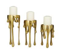 CosmoLiving by Cosmopolitan Aluminum Pillar Candle Holder with Dripping Melting Designed Legs, Set of 3 12", 10", 8"H, Gold