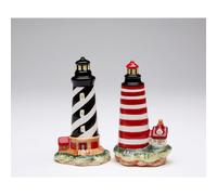 Cosmos Gifts 10480 Fine Ceramic Lighthouse Salt & Pepper Shakers, Black Striped & Red Striped, 4 in tall