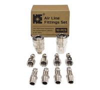 Cosmostar 10-Piece Industrial Air Line Fittings Set - 1/4" BSP Euro Connectors for Compressors, Hoses, and Air Tools - Nickel-Plated Steel Couplers and Plugs