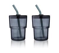 cosnou 13OZ/400ML Ice Coffee Glass Tumbler with Straw and Lid Sealed Carry On, Thick Wall Water Glass Cup Mug Tea （Gray） 2 Pack